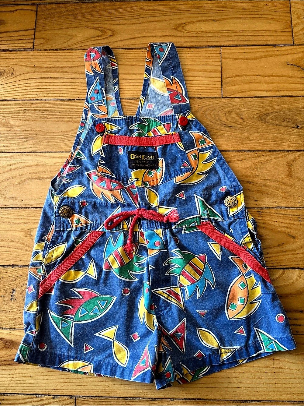 OshKosh B'gosh Vintage Fish Print Vestbak Short Overalls Size 4T